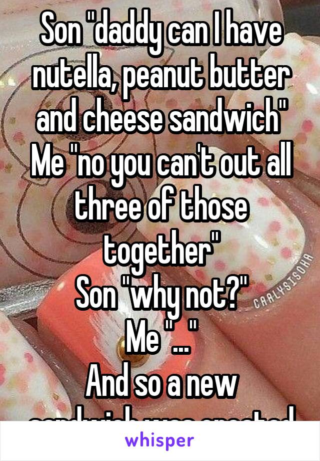 Son "daddy can I have nutella, peanut butter and cheese sandwich"
Me "no you can't out all three of those together"
Son "why not?"
Me "..."
And so a new sandwich was created