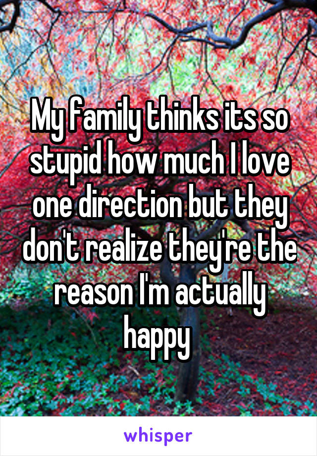 My family thinks its so stupid how much I love one direction but they don't realize they're the reason I'm actually happy 