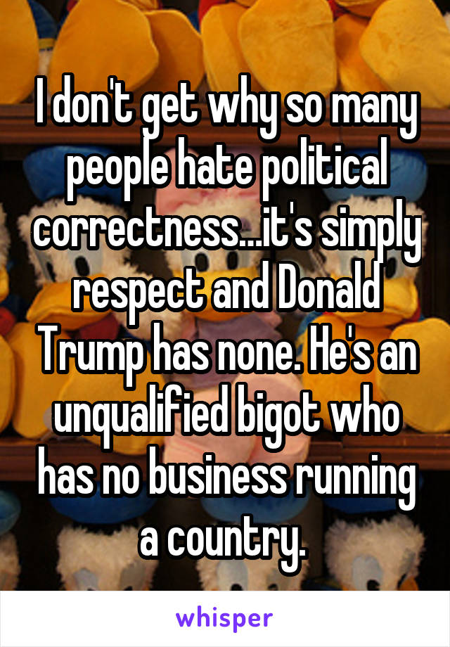 I don't get why so many people hate political correctness…it's simply respect and Donald Trump has none. He's an unqualified bigot who has no business running a country. 