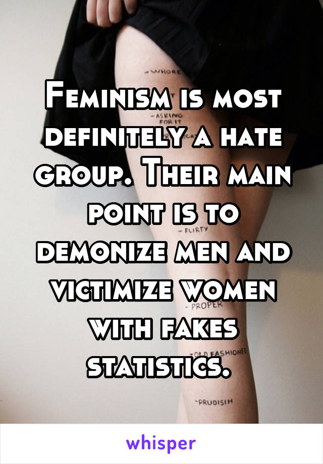 Feminism is most definitely a hate group. Their main point is to demonize men and victimize women with fakes statistics. 