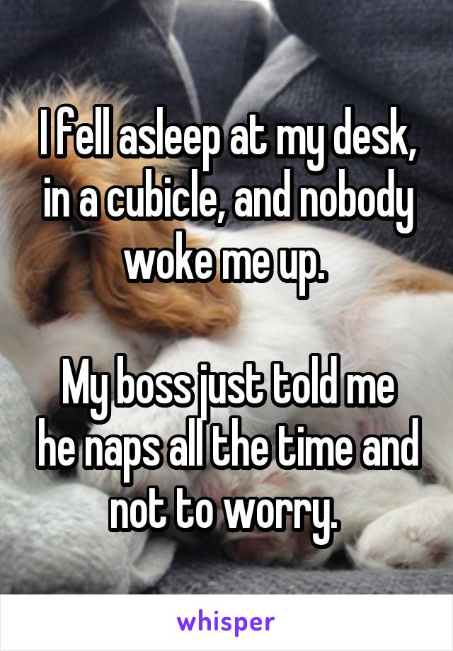 I fell asleep at my desk, in a cubicle, and nobody woke me up. 

My boss just told me he naps all the time and not to worry. 