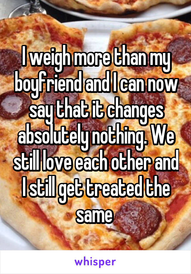 I weigh more than my boyfriend and I can now say that it changes absolutely nothing. We still love each other and I still get treated the same 