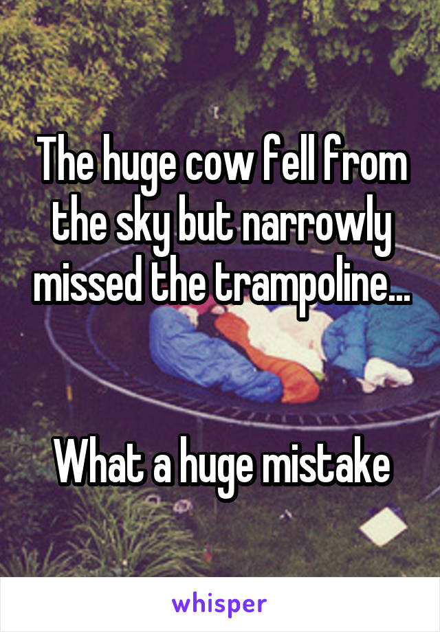 The huge cow fell from the sky but narrowly missed the trampoline... 

What a huge mistake