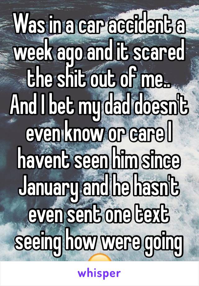 Was in a car accident a week ago and it scared the shit out of me..
And I bet my dad doesn't even know or care I havent seen him since January and he hasn't even sent one text seeing how were going 😞