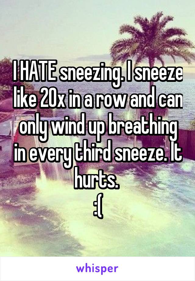 I HATE sneezing. I sneeze like 20x in a row and can only wind up breathing in every third sneeze. It hurts. 
:(