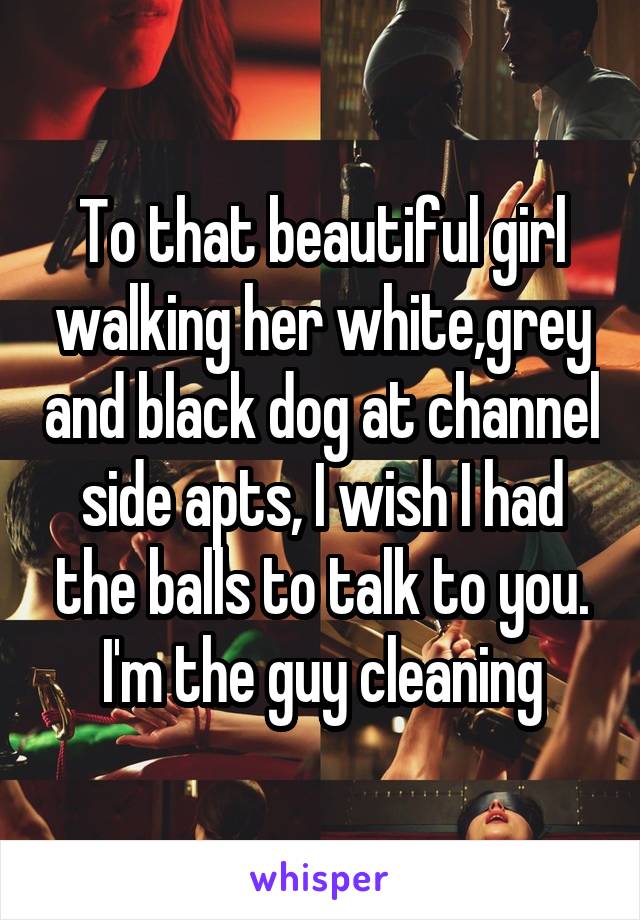 To that beautiful girl walking her white,grey and black dog at channel side apts, I wish I had the balls to talk to you. I'm the guy cleaning