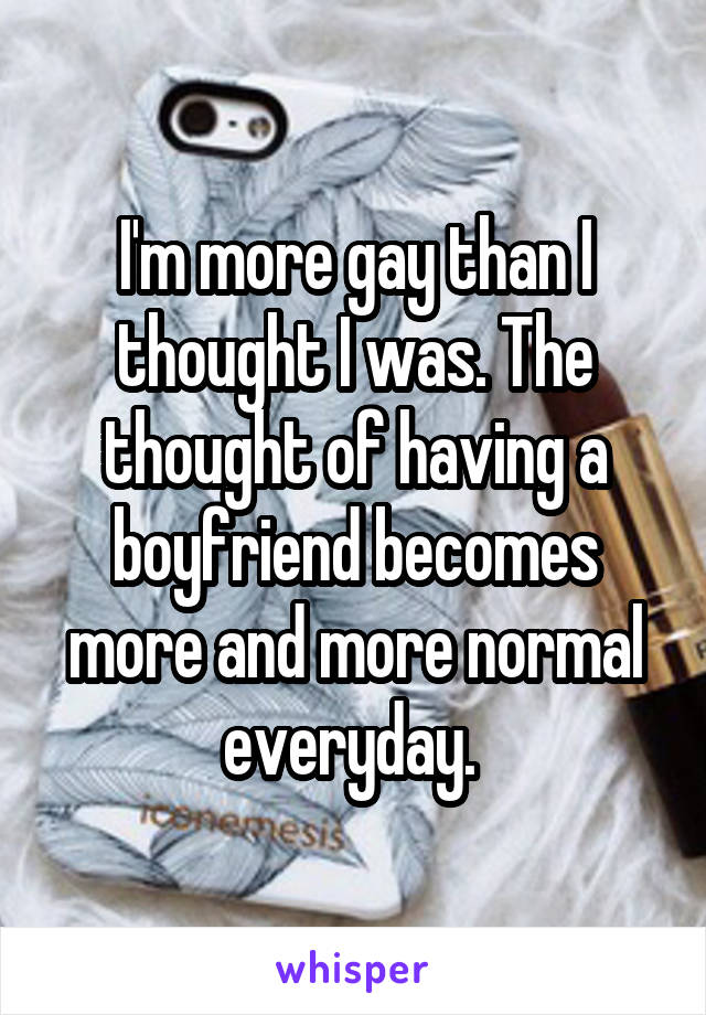 I'm more gay than I thought I was. The thought of having a boyfriend becomes more and more normal everyday. 