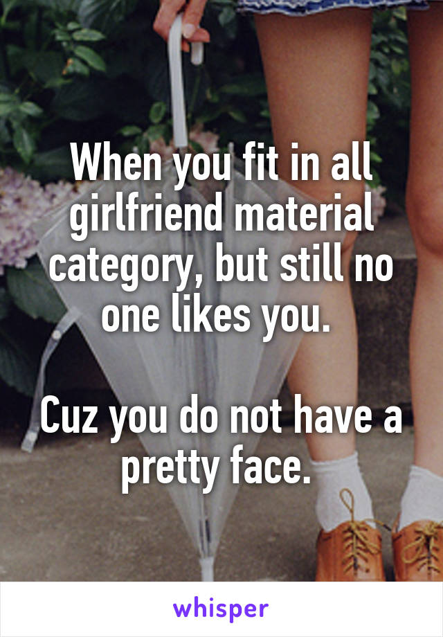 When you fit in all girlfriend material category, but still no one likes you. 

Cuz you do not have a pretty face. 