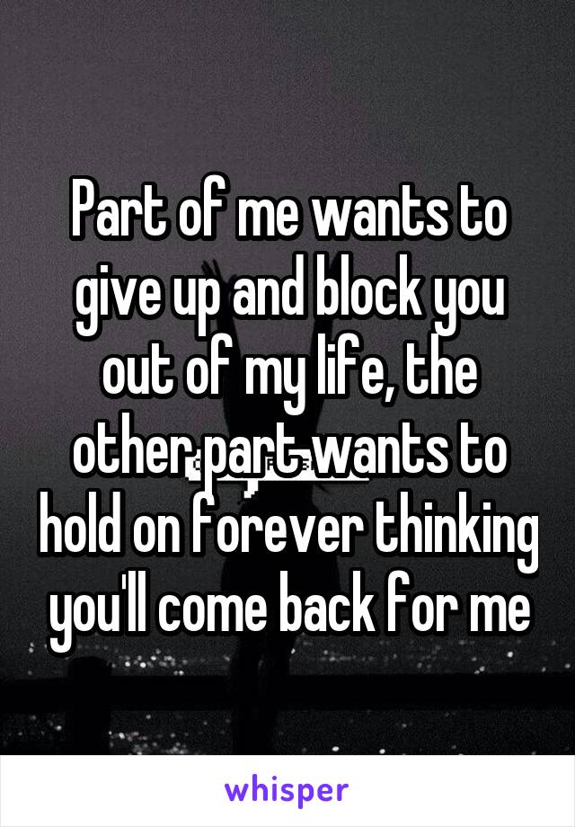 Part of me wants to give up and block you out of my life, the other part wants to hold on forever thinking you'll come back for me