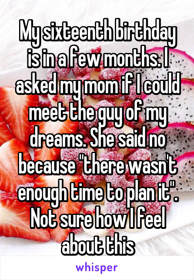 My sixteenth birthday is in a few months. I asked my mom if I could meet the guy of my dreams. She said no because "there wasn't enough time to plan it". Not sure how I feel about this