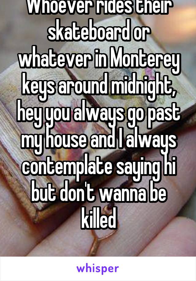 Whoever rides their skateboard or whatever in Monterey keys around midnight, hey you always go past my house and I always contemplate saying hi but don't wanna be killed

(: