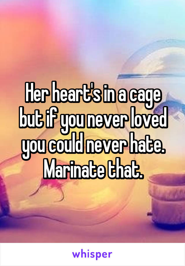 Her heart's in a cage but if you never loved you could never hate.
Marinate that.