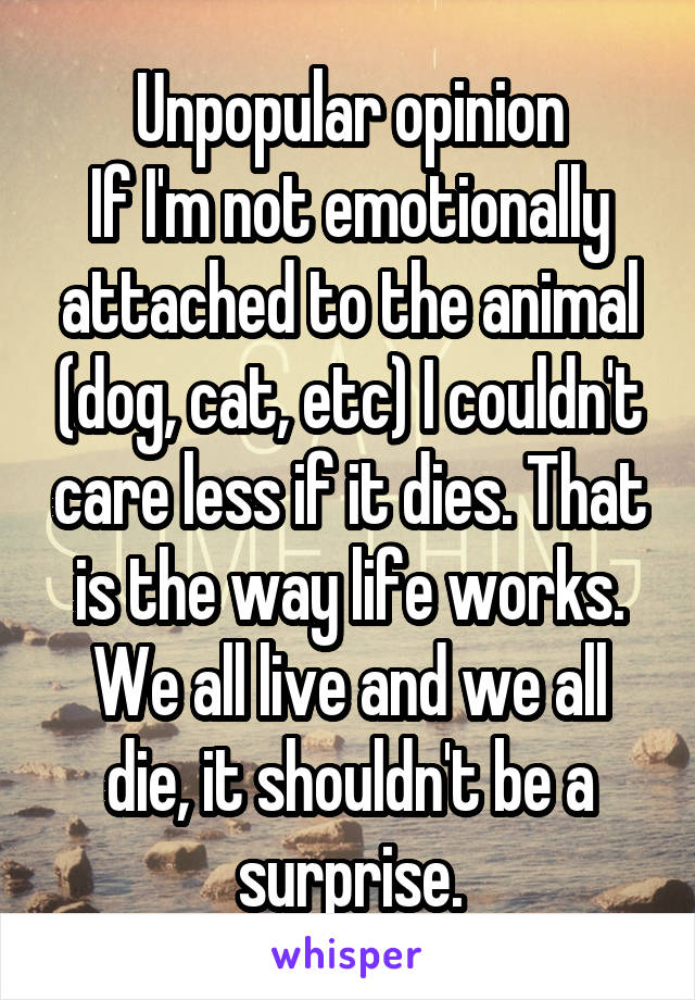 Unpopular opinion
If I'm not emotionally attached to the animal (dog, cat, etc) I couldn't care less if it dies. That is the way life works. We all live and we all die, it shouldn't be a surprise.