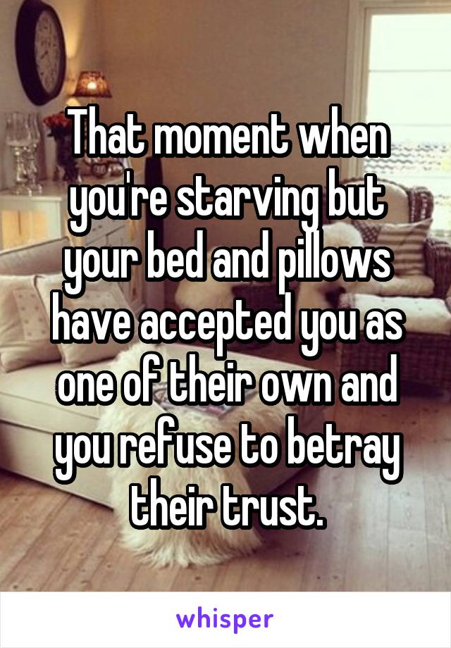 That moment when you're starving but your bed and pillows have accepted you as one of their own and you refuse to betray their trust.