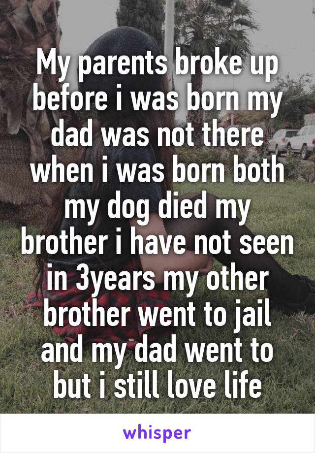 My parents broke up before i was born my dad was not there when i was born both my dog died my brother i have not seen in 3years my other brother went to jail and my dad went to but i still love life