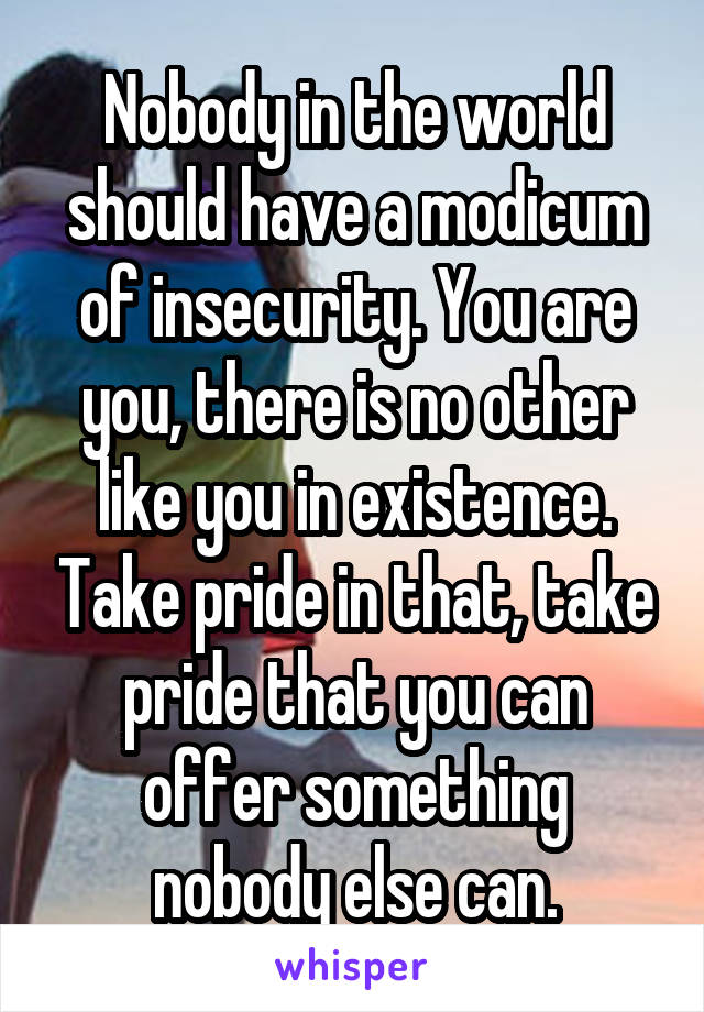 Nobody in the world should have a modicum of insecurity. You are you, there is no other like you in existence. Take pride in that, take pride that you can offer something nobody else can.