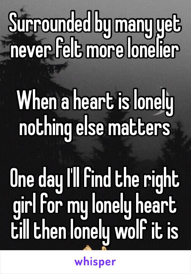 Surrounded by many yet never felt more lonelier 

When a heart is lonely nothing else matters

One day I'll find the right girl for my lonely heart till then lonely wolf it is 🐕