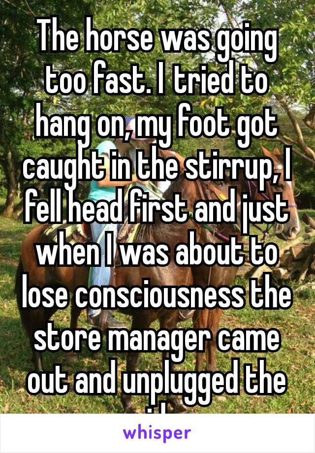 The horse was going too fast. I tried to hang on, my foot got caught in the stirrup, I fell head first and just when I was about to lose consciousness the store manager came out and unplugged the ride