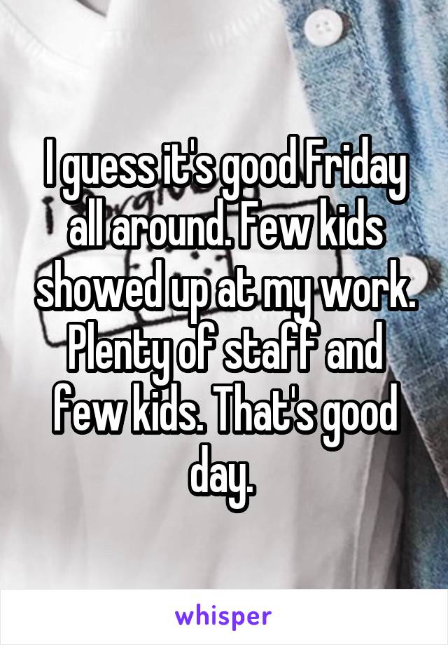 I guess it's good Friday all around. Few kids showed up at my work. Plenty of staff and few kids. That's good day. 