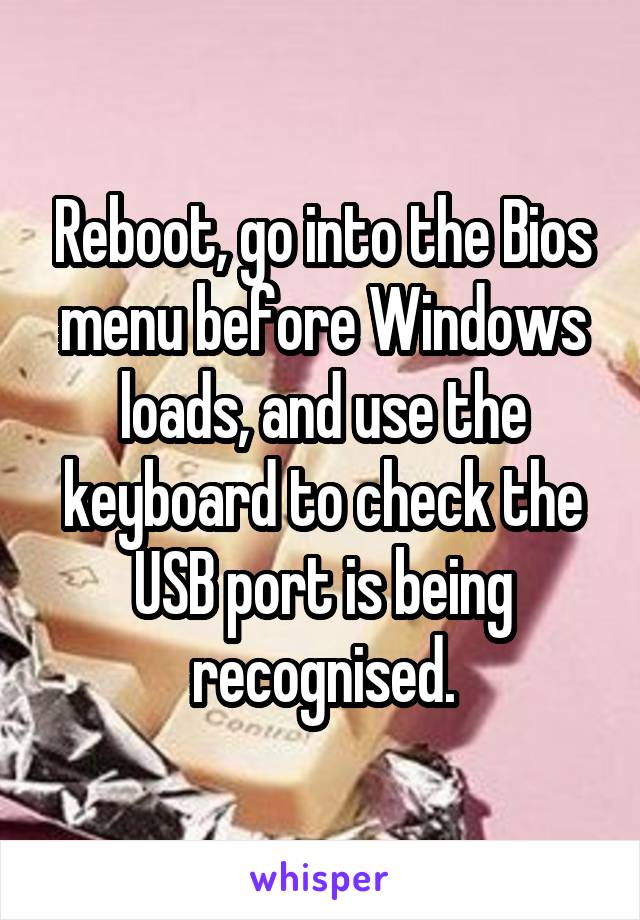 Reboot, go into the Bios menu before Windows loads, and use the keyboard to check the USB port is being recognised.