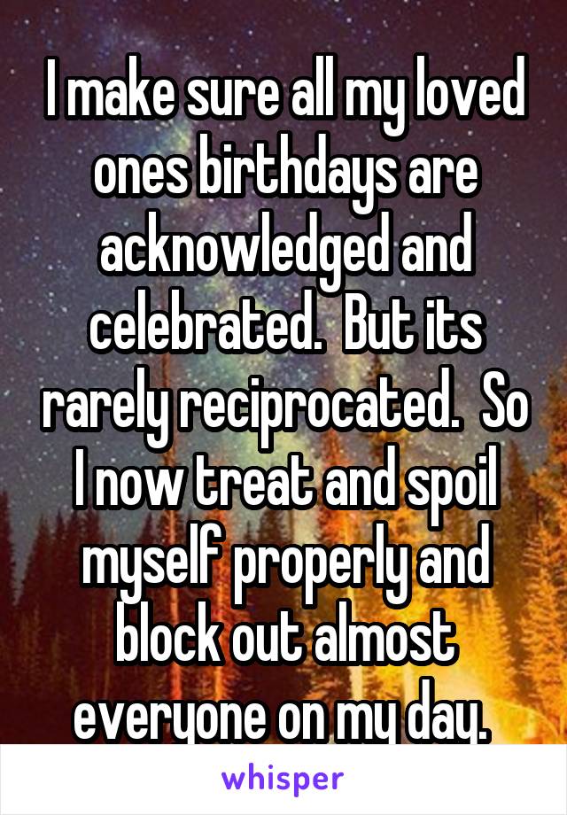 I make sure all my loved ones birthdays are acknowledged and celebrated.  But its rarely reciprocated.  So I now treat and spoil myself properly and block out almost everyone on my day. 