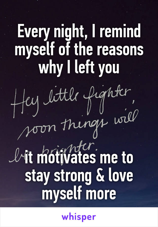 Every night, I remind myself of the reasons why I left you




it motivates me to stay strong & love myself more