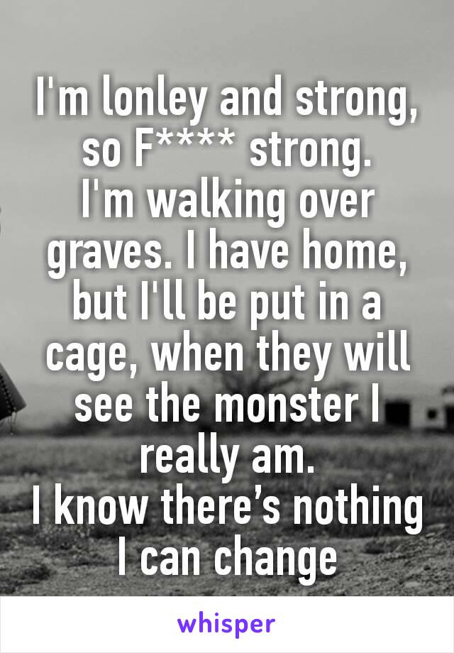 I'm lonley and strong, so F**** strong.
I'm walking over graves. I have home, but I'll be put in a cage, when they will see the monster I really am.
I know there’s nothing I can change