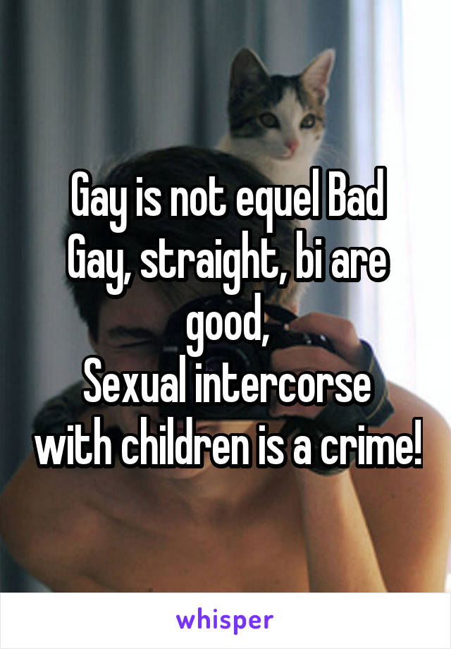 Gay is not equel Bad
Gay, straight, bi are good,
Sexual intercorse with children is a crime!