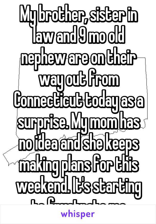 My brother, sister in law and 9 mo old nephew are on their way out from Connecticut today as a surprise. My mom has no idea and she keeps making plans for this weekend. It's starting to frustrate me