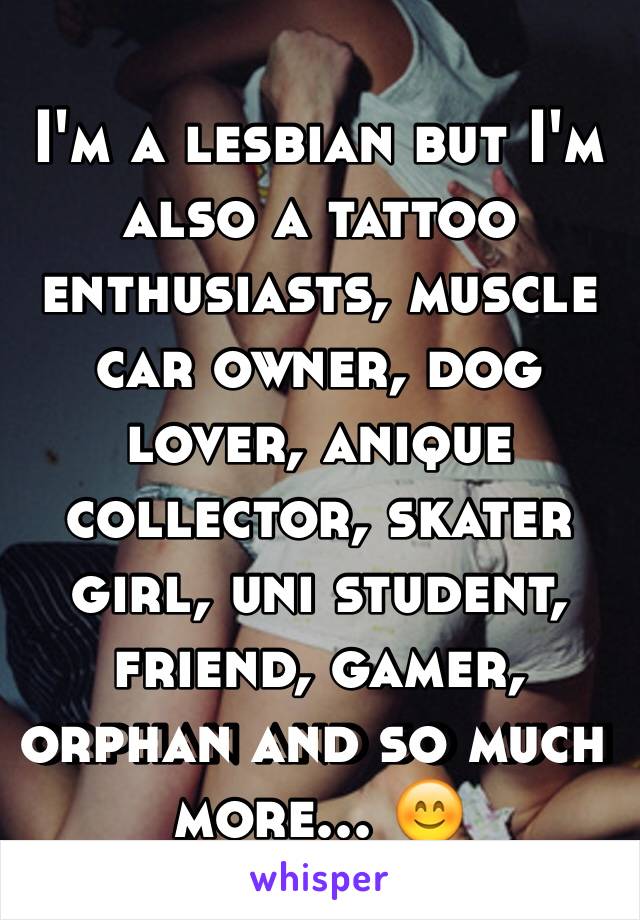 I'm a lesbian but I'm also a tattoo enthusiasts, muscle car owner, dog lover, anique collector, skater girl, uni student, friend, gamer, orphan and so much more... 😊