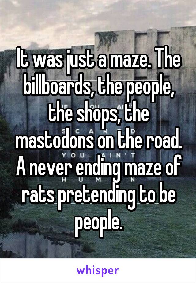 It was just a maze. The billboards, the people, the shops, the mastodons on the road. A never ending maze of rats pretending to be people.