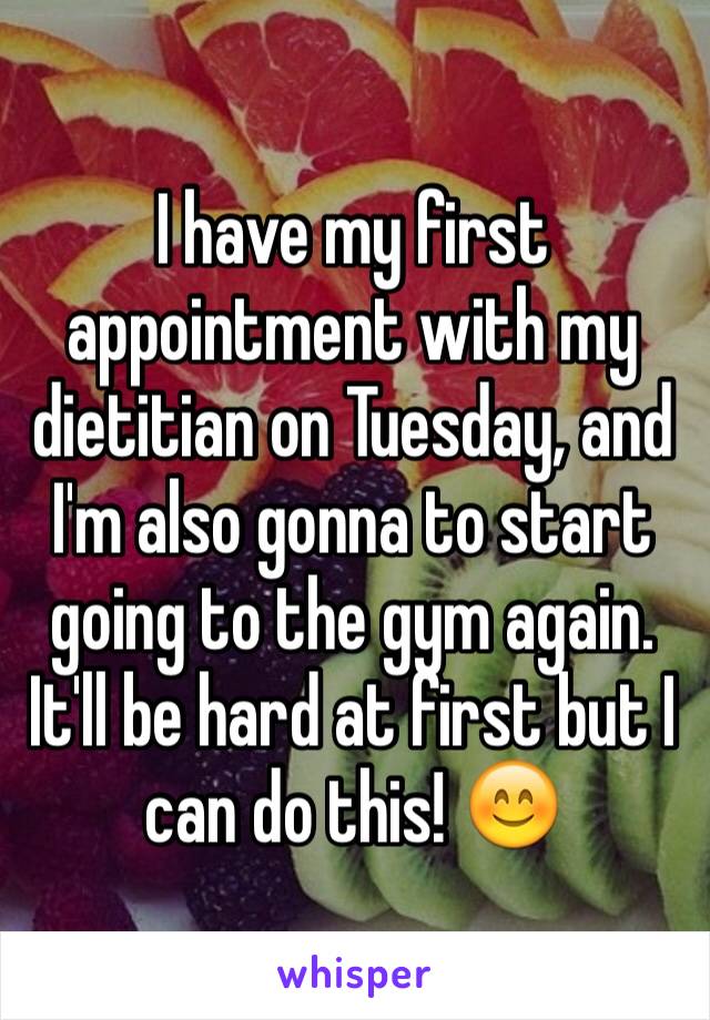 I have my first appointment with my dietitian on Tuesday, and I'm also gonna to start going to the gym again. It'll be hard at first but I can do this! 😊