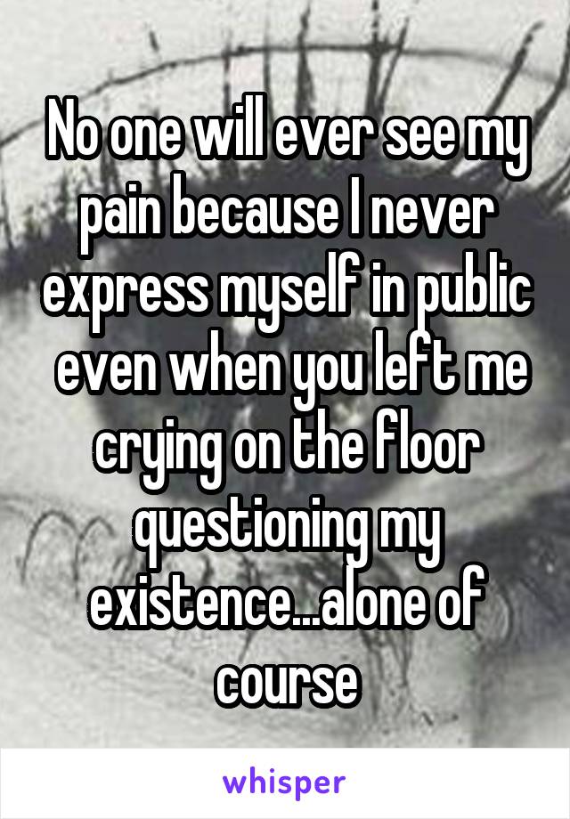 No one will ever see my pain because I never express myself in public  even when you left me crying on the floor questioning my existence...alone of course