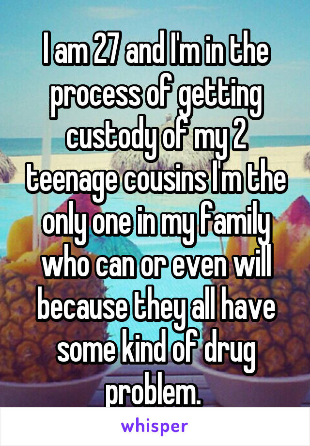 I am 27 and I'm in the process of getting custody of my 2 teenage cousins I'm the only one in my family who can or even will because they all have some kind of drug problem. 