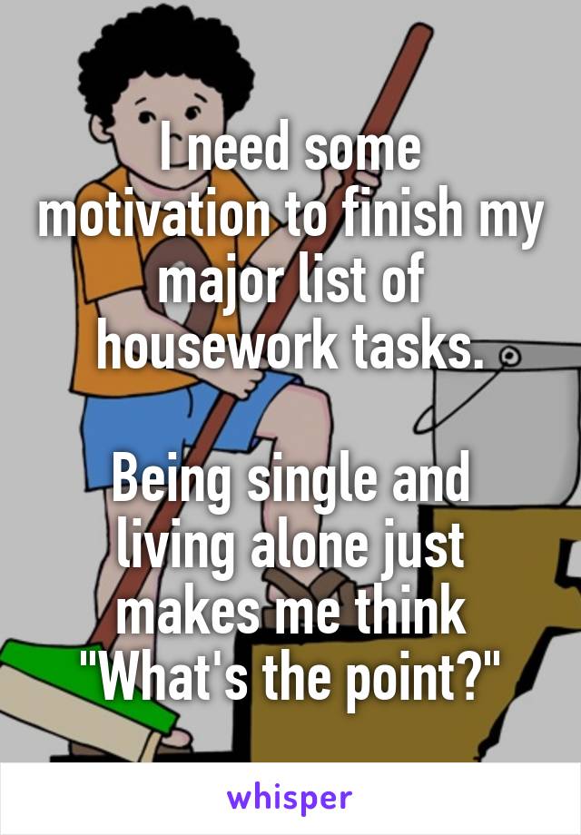 I need some motivation to finish my major list of housework tasks.

Being single and living alone just makes me think "What's the point?"