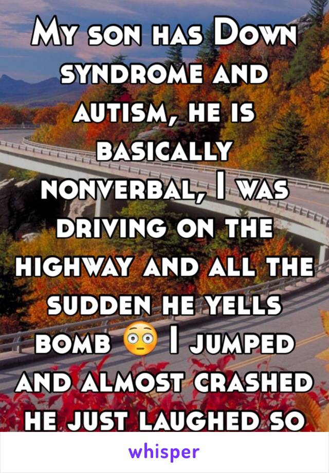 My son has Down syndrome and autism, he is basically nonverbal, I was driving on the highway and all the sudden he yells bomb 😳 I jumped and almost crashed he just laughed so hard... 