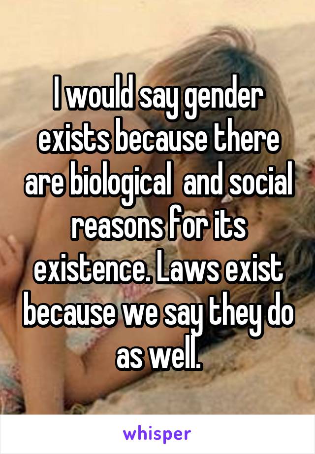 I would say gender exists because there are biological  and social reasons for its existence. Laws exist because we say they do as well.