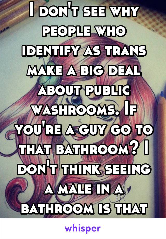 I don't see why people who identify as trans make a big deal about public washrooms. If you're a guy go to that bathroom? I don't think seeing a male in a bathroom is that earth shattering. 