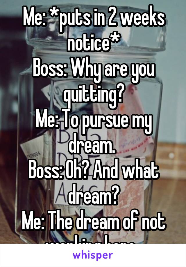 Me: *puts in 2 weeks notice*
Boss: Why are you quitting?
Me: To pursue my dream. 
Boss: Oh? And what dream?
Me: The dream of not working here. 