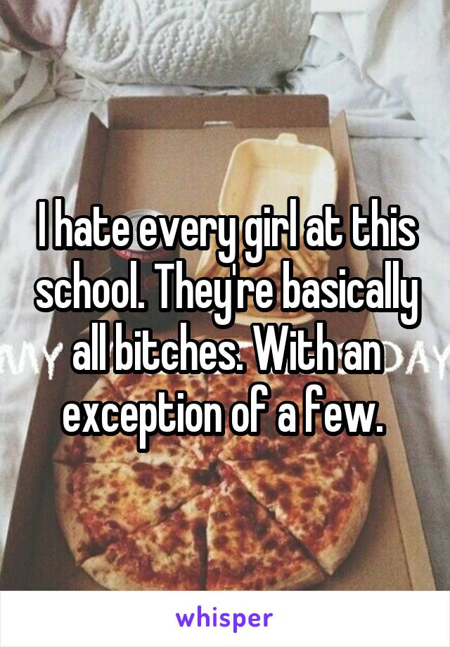 I hate every girl at this school. They're basically all bitches. With an exception of a few. 