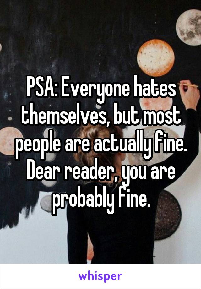 PSA: Everyone hates themselves, but most people are actually fine.
Dear reader, you are probably fine.