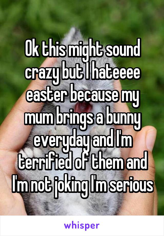 Ok this might sound crazy but I hateeee easter because my mum brings a bunny everyday and I'm terrified of them and I'm not joking I'm serious