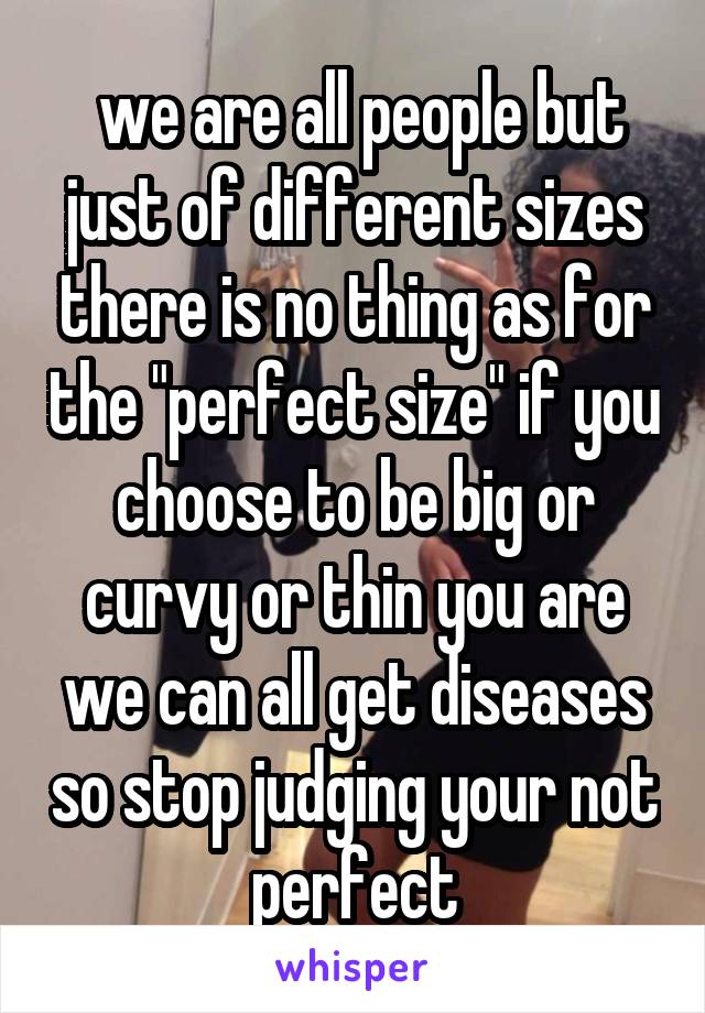  we are all people but just of different sizes there is no thing as for the "perfect size" if you choose to be big or curvy or thin you are we can all get diseases so stop judging your not perfect