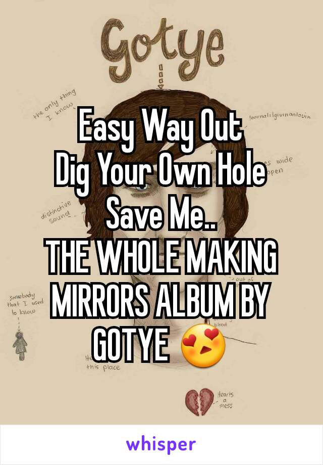 Easy Way Out
Dig Your Own Hole
Save Me..
THE WHOLE MAKING MIRRORS ALBUM BY GOTYE 😍