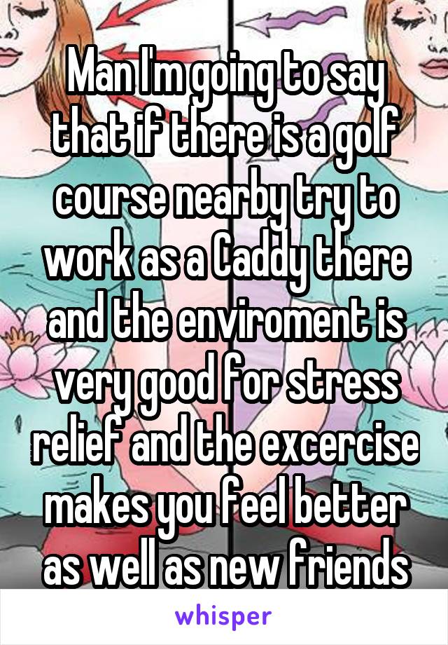 Man I'm going to say that if there is a golf course nearby try to work as a Caddy there and the enviroment is very good for stress relief and the excercise makes you feel better as well as new friends