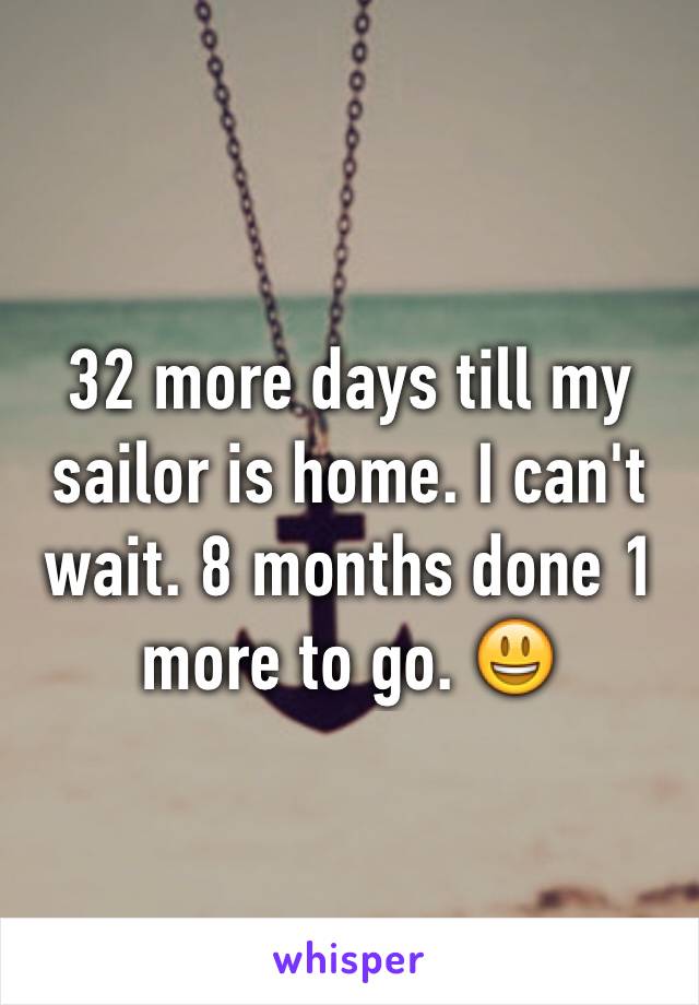 32 more days till my sailor is home. I can't wait. 8 months done 1 more to go. 😃