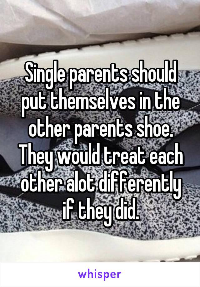 Single parents should put themselves in the other parents shoe. They would treat each other alot differently if they did.