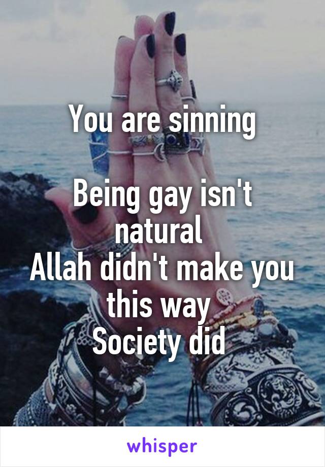 You are sinning

Being gay isn't natural 
Allah didn't make you this way 
Society did 