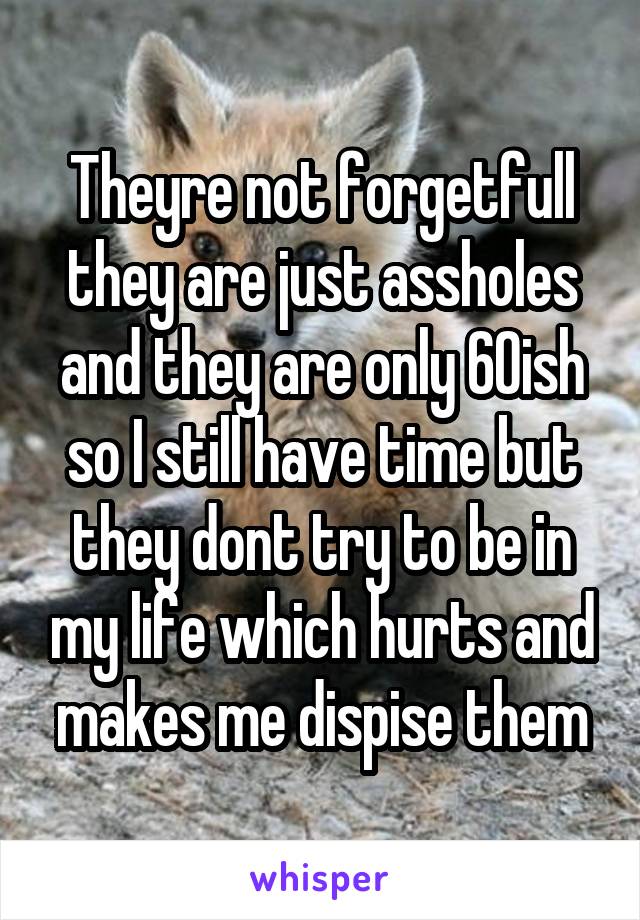 Theyre not forgetfull they are just assholes and they are only 60ish so I still have time but they dont try to be in my life which hurts and makes me dispise them