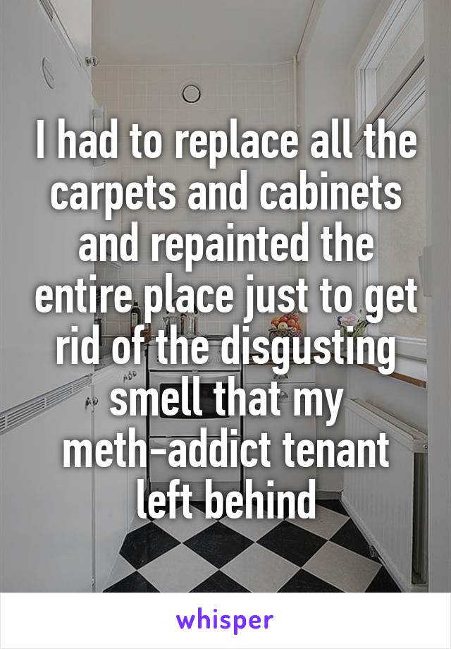 I had to replace all the carpets and cabinets and repainted the entire place just to get rid of the disgusting smell that my meth-addict tenant left behind